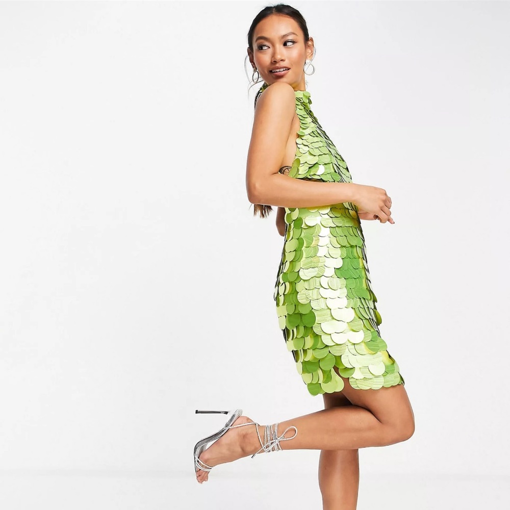 ASOS DESIGN disc sequin halter mini dress in lime